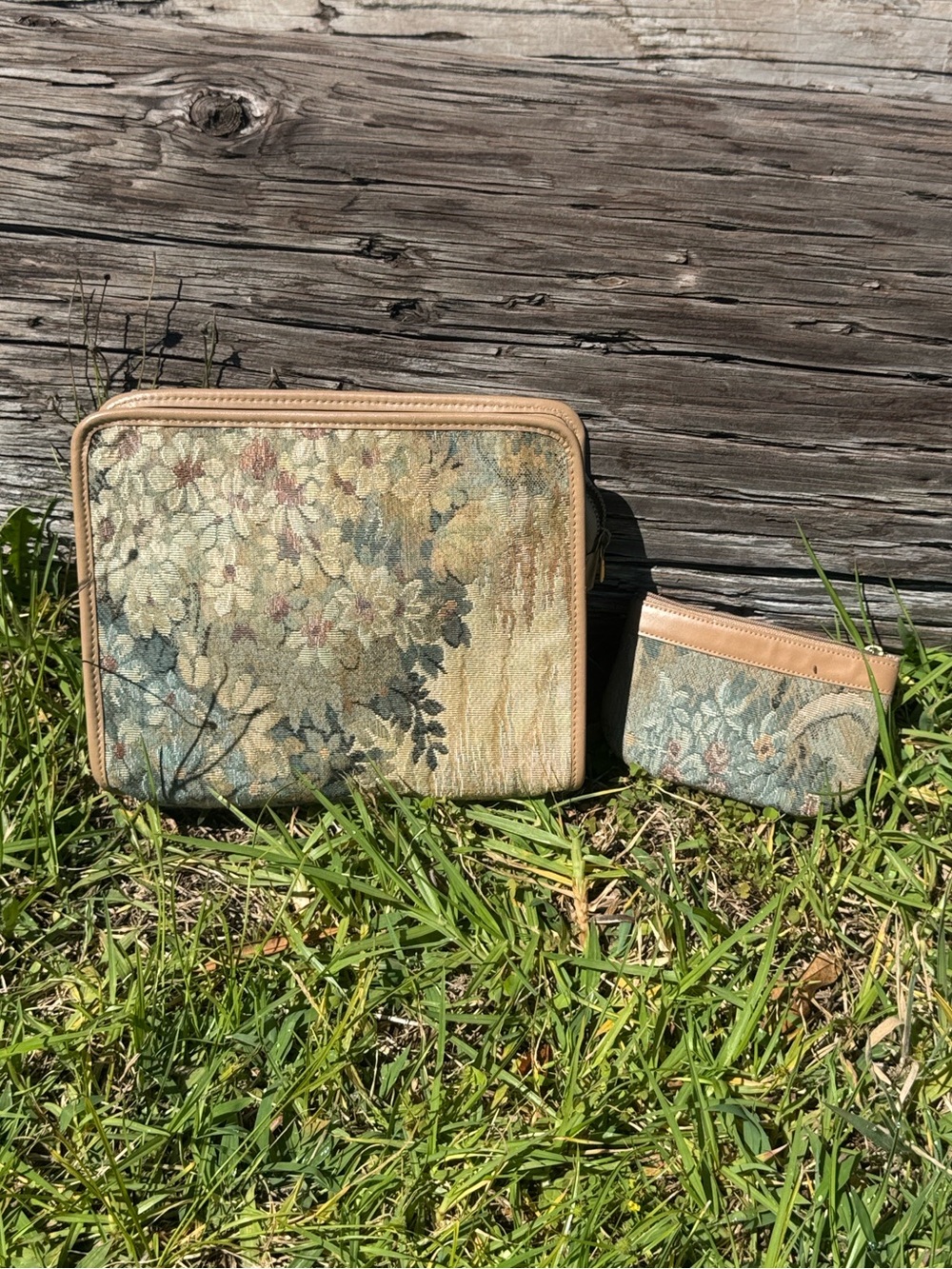 Vintage French Luggage Travel Floral Tapestry Cosmetic bag coin purse set
